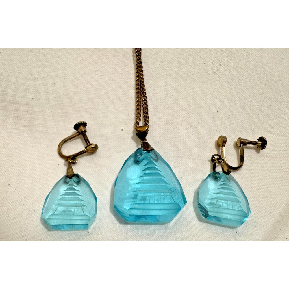 Vintage 1950s Crystal Intaglio Japanese Blue Pagoda Earring Necklace Set Glass
